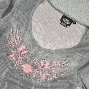Harley Davidson Womens Gray Long‎ Sleeve Shirt Rhinestone Wings Graphic Size L